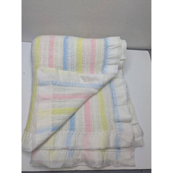 Chatham Pastel Stripe Baby Blanket Waffle Knit Satin Trim NO LABEL Vintage - Picture 1 of 8